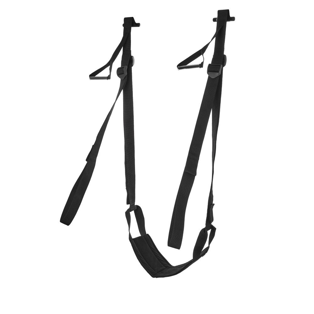 Sportsheets Adjustable Door Jam Sex Sling Black hanging over a door, designed for enhanced stability and positioning.