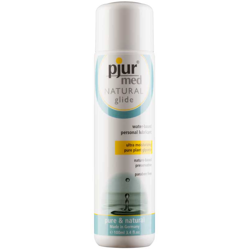 Pjur Med Natural Glide Water-based Lubricant 100 ml product bottle featuring water-based personal lubricant.