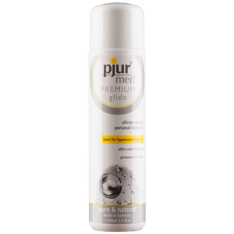 Pjur Med Premium Silicone Glide Lubricant 100 ml bottle with silicone-based formula, ideal for sensitive skin.