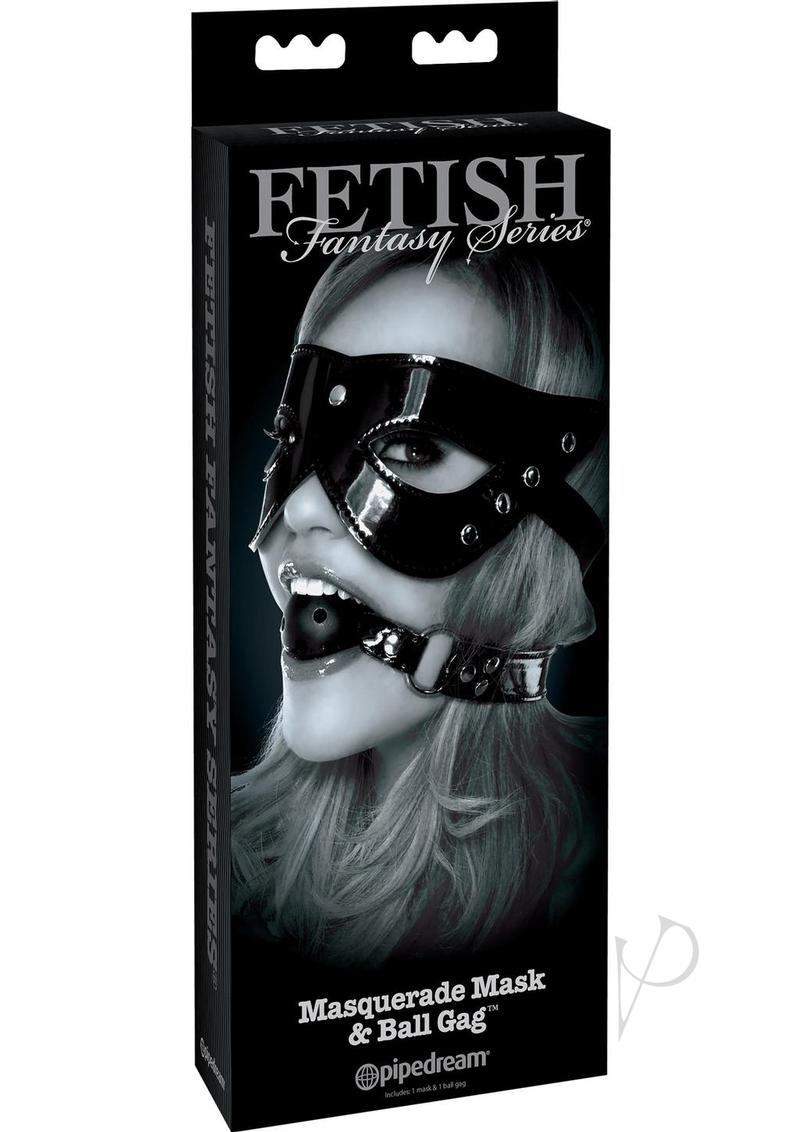 Fetish Fantasy Series Masquerade Mask and Ball Gag Set Black packaging displayed on model.