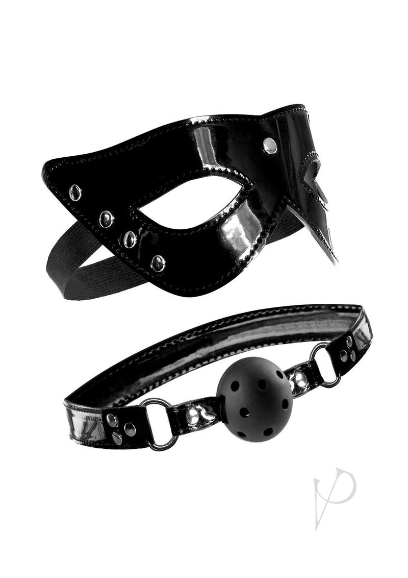 Fetish Fantasy Series Masquerade Mask and Ball Gag Set Black featuring a stylish masquerade mask and breathable gag.