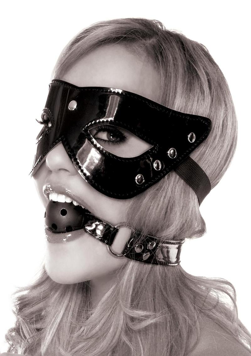 Fetish Fantasy Series Masquerade Mask and Ball Gag Set Black on model demonstrating stylish restraint play.