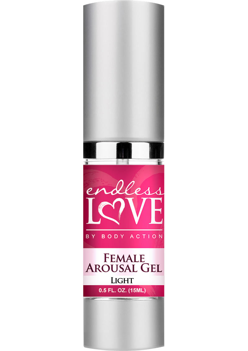 Endless Love Female Arousal Gel Light 0.5 Oz bottle with pink label for enhancing intimate sensations.