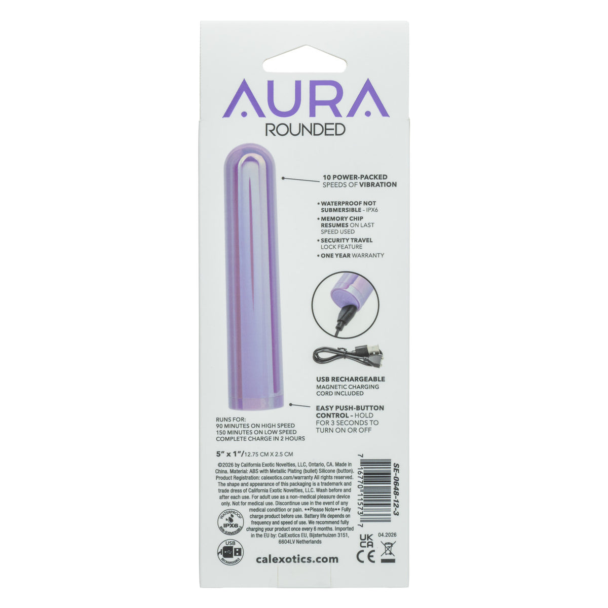 Aura Rounded Silicone Bullet Stimulator Purple packaging showcasing features and specifications, including USB rechargeable and 10 speeds.