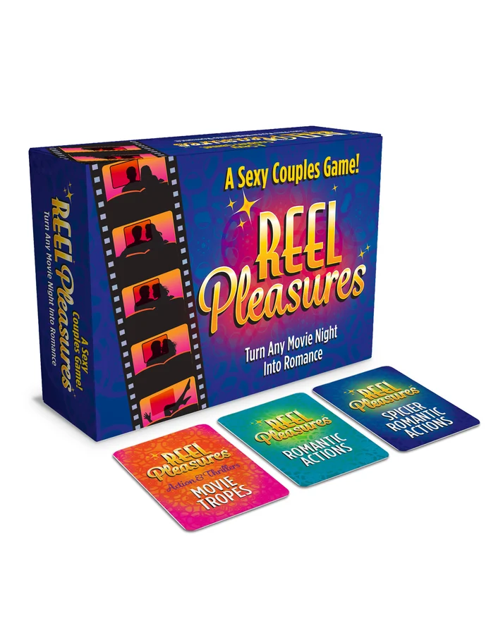 Little Genie Reel Pleasures Couples Card Game packaging with game cards displayed.