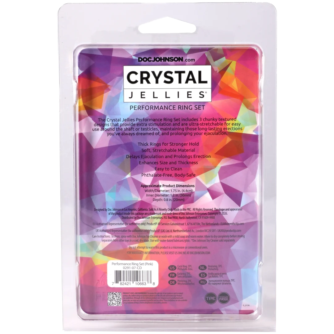 Crystal Jellies Performance Ring Set Pink packaging showcasing chunky textured cock rings for enhanced performance.