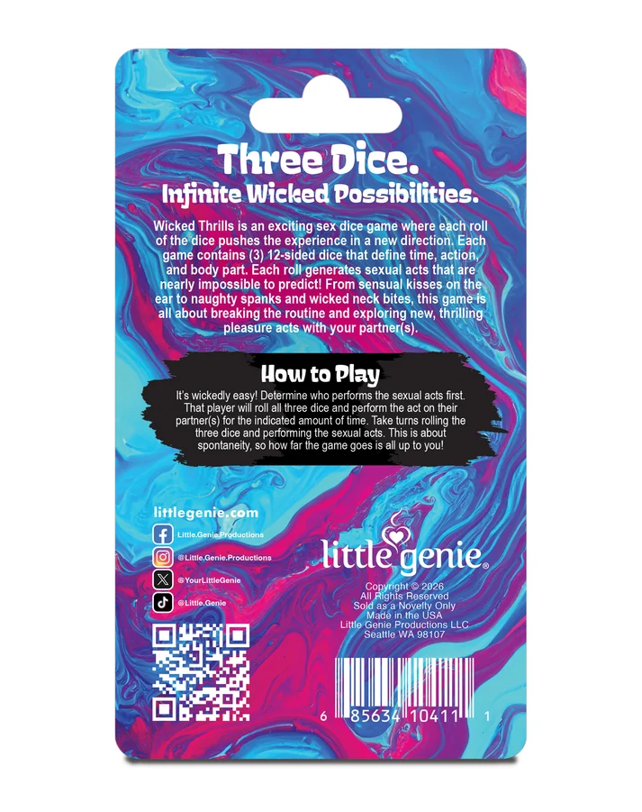 Little Genie Wicked Thrills Sex Dice Game packaging showcasing vibrant design and gameplay instructions.