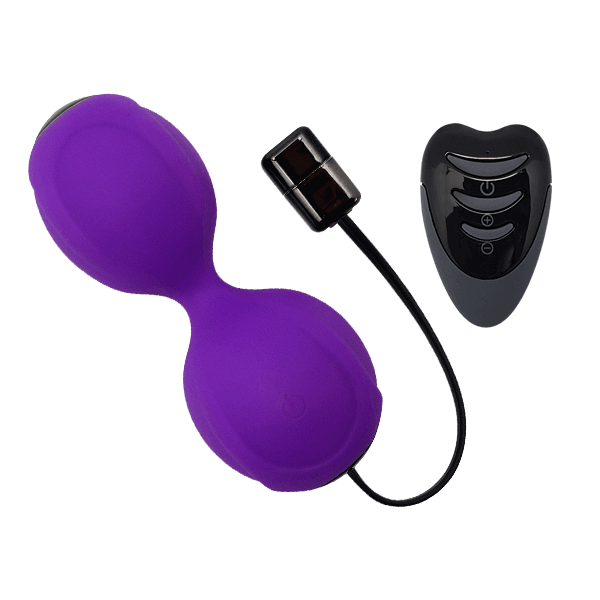Purple LavaJoy Vibrating Remote Controlled Duo Kegel Balls with black remote for enhanced Kegel exercise routine