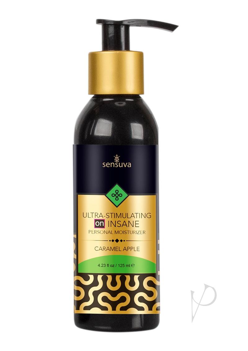 Sensuva Ultra Stimulating Caramel Apple Hybrid Lubricant 4 Oz bottle with pump, featuring a decorative label design.