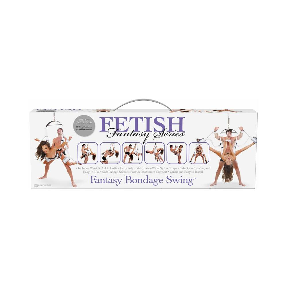 Fetish Fantasy Series Fantasy Bondage Swing White packaging displaying adjustable swing for versatile bondage positions.