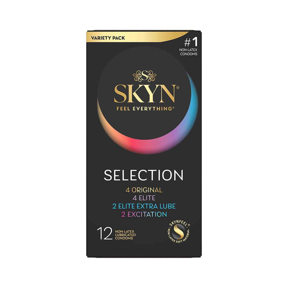 Lifestyles Skyn Selection Non-latex Condoms 12-pack variety pack showcasing four styles for enhanced sensations.