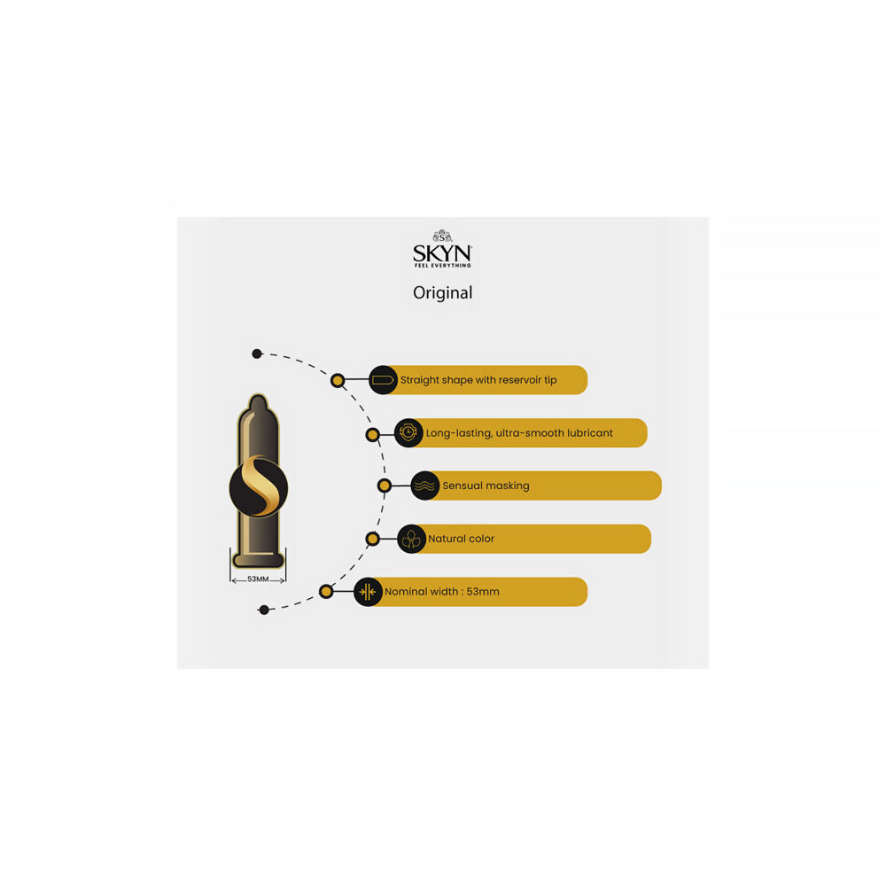 Lifestyles Skyn Selection Non-latex Condoms 12-pack features straight shape, smooth lubricant, natural color, and nominal width of 53mm.