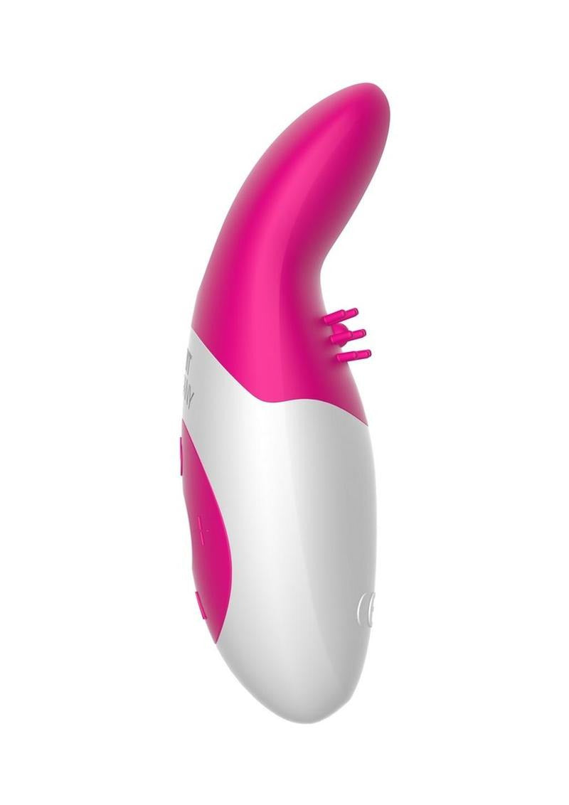 The Rabbit Company Lay On Rabbit Massager Hot Pink side view showcasing its ergonomic design and vibrant colors.