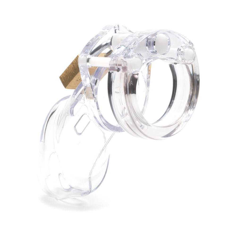CB-6000 Clear Male Chastity device showing lightweight, medical-grade polycarbonate design for secure containment.
