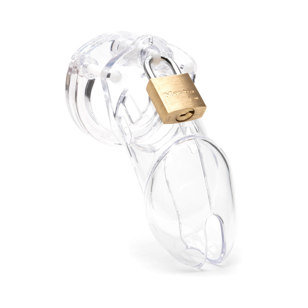 CB-6000 Clear Male Chastity device with brass lock in clear polycarbonate material.