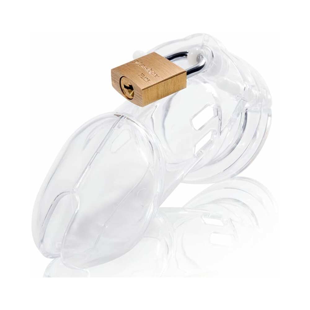 CB-6000 Clear Male Chastity device featuring a secure lock with a transparent design for comfort and hygiene.