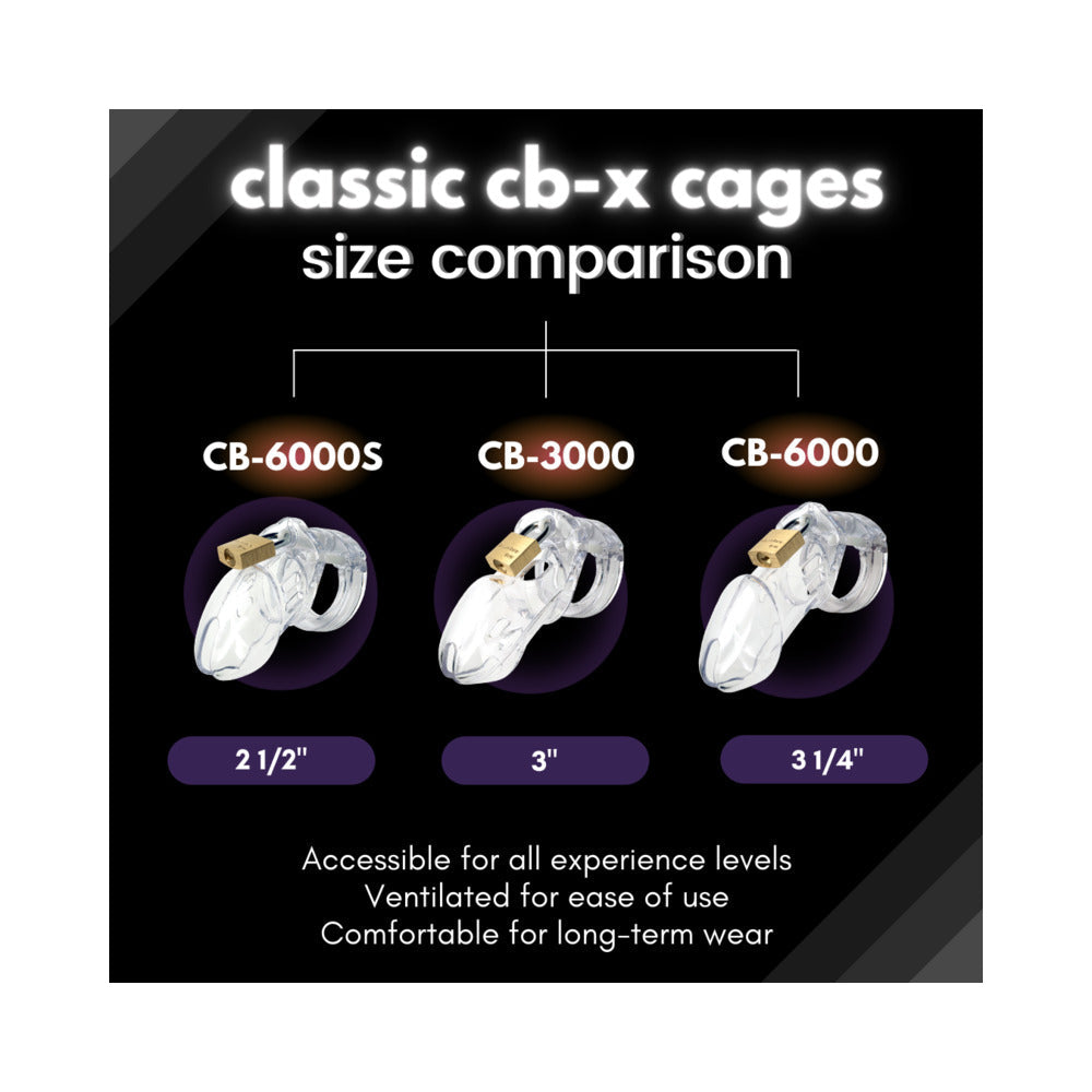 Size comparison of classic CB-6000 Clear Male Chastity, CB-6000S, and CB-3000 for optimal fit.