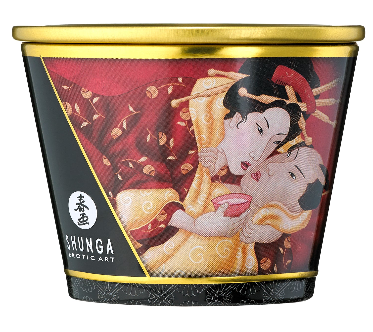 Shunga Massage Candle Sparkling Strawberry Wine 5.7 Oz packaging featuring vibrant erotic art design.