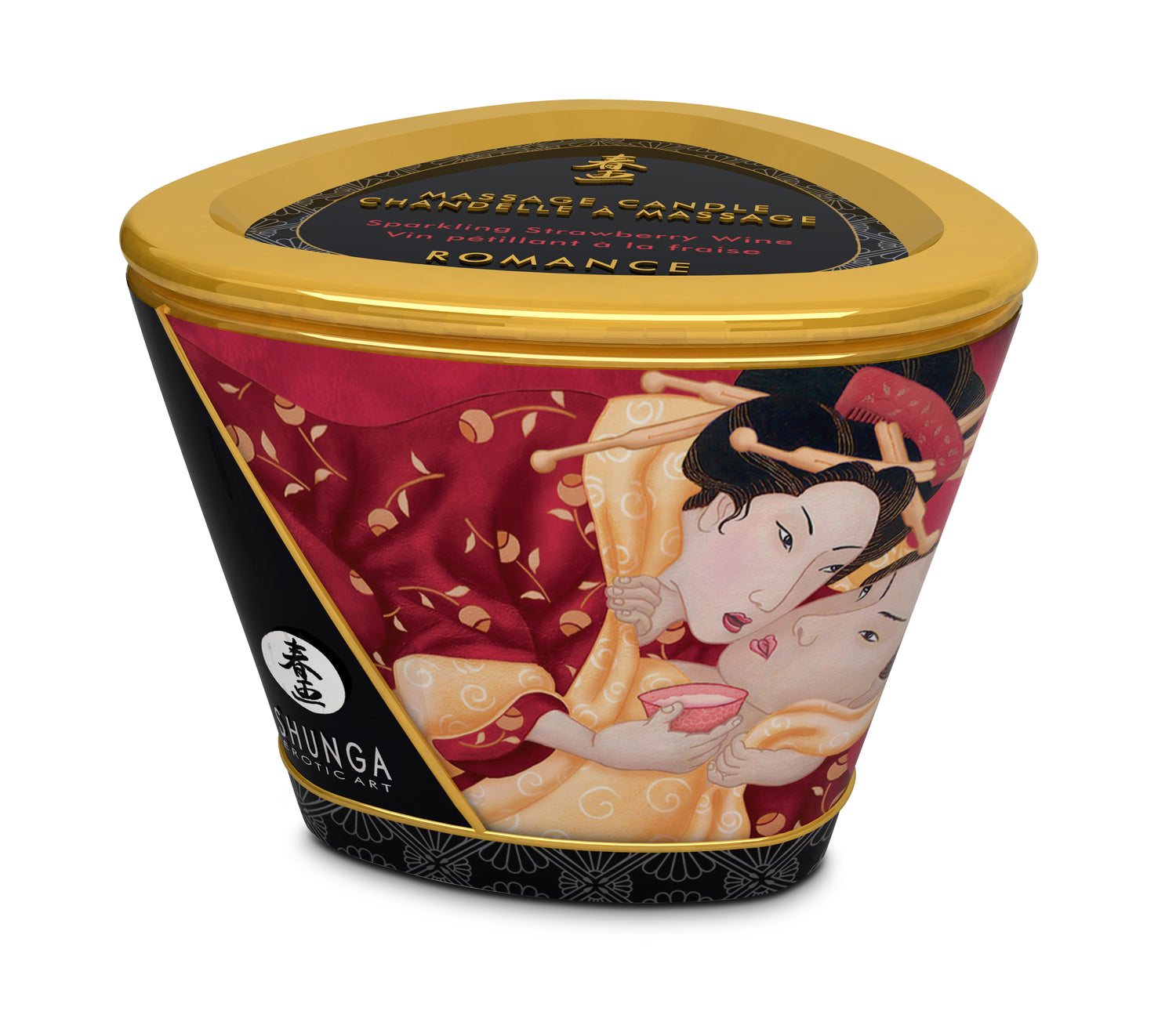 Shunga Massage Candle Sparkling Strawberry Wine 5.7 Oz in decorative container featuring romantic artwork.