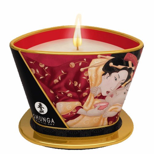 Shunga Massage Candle Sparkling Strawberry Wine 5.7 Oz in decorative packaging with a lit wick.