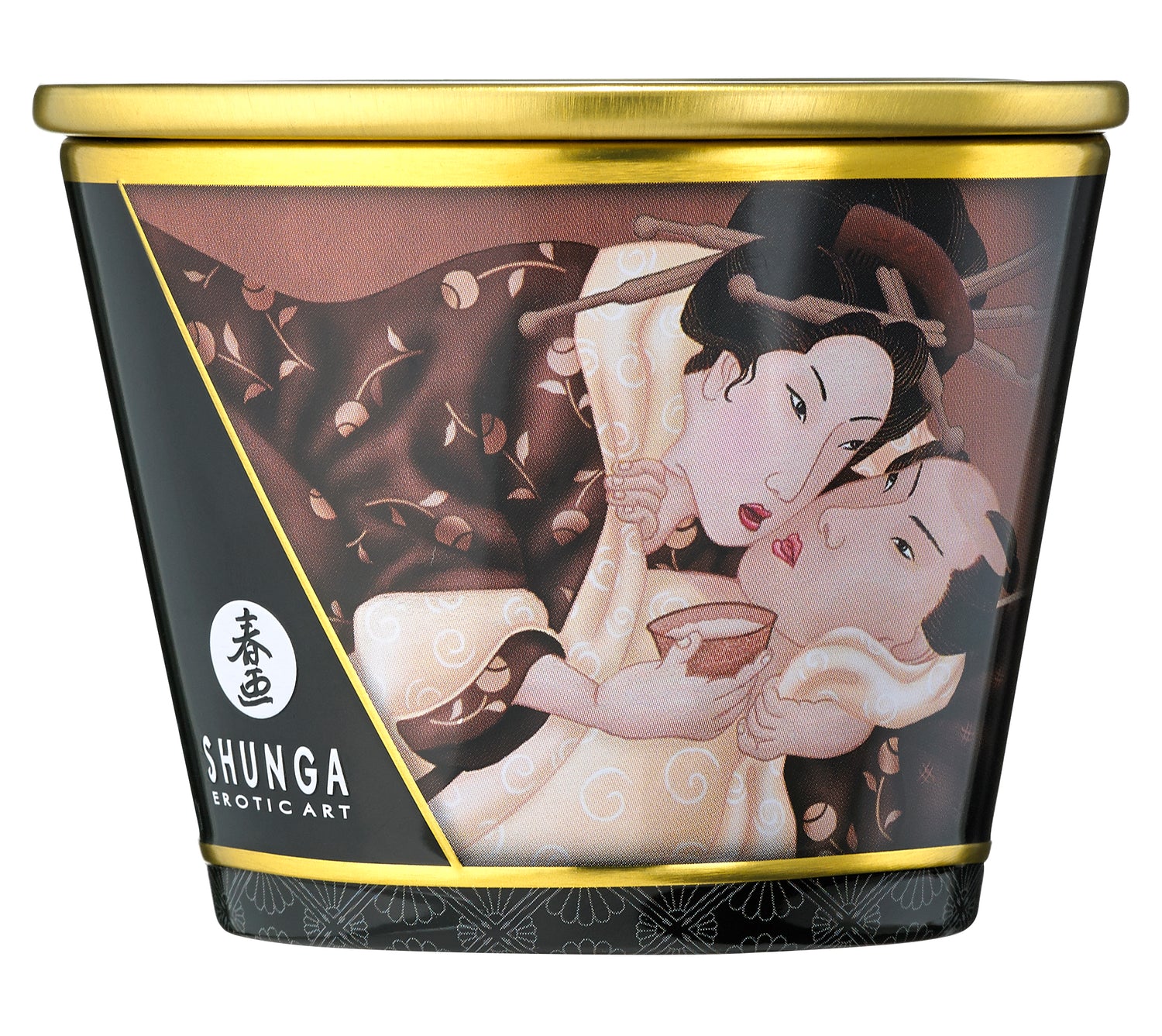 Shunga Massage Candle Intoxicating Chocolate 5.7 Oz with elegant design featuring a romantic artwork.