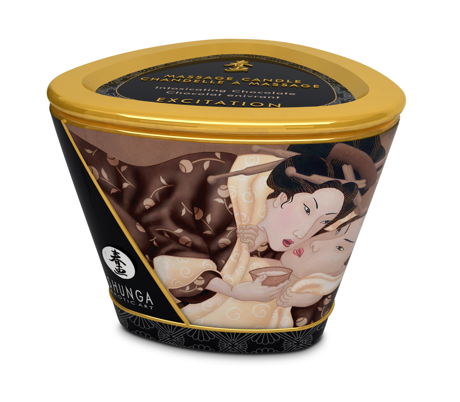 Shunga Massage Candle Intoxicating Chocolate 5.7 Oz with decorative container in elegant design.