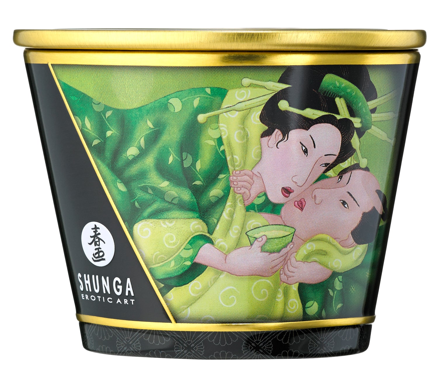 Shunga Massage Candle Exotic Green Tea 5.7 Oz featuring a romantic illustration on the container.