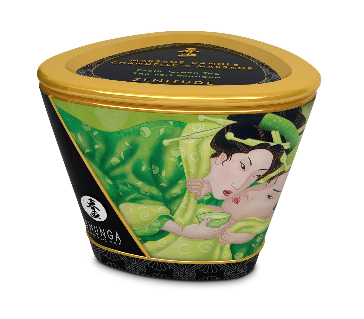 Shunga Massage Candle Exotic Green Tea 5.7 Oz with elegant packaging featuring colorful artwork and a gold lid.