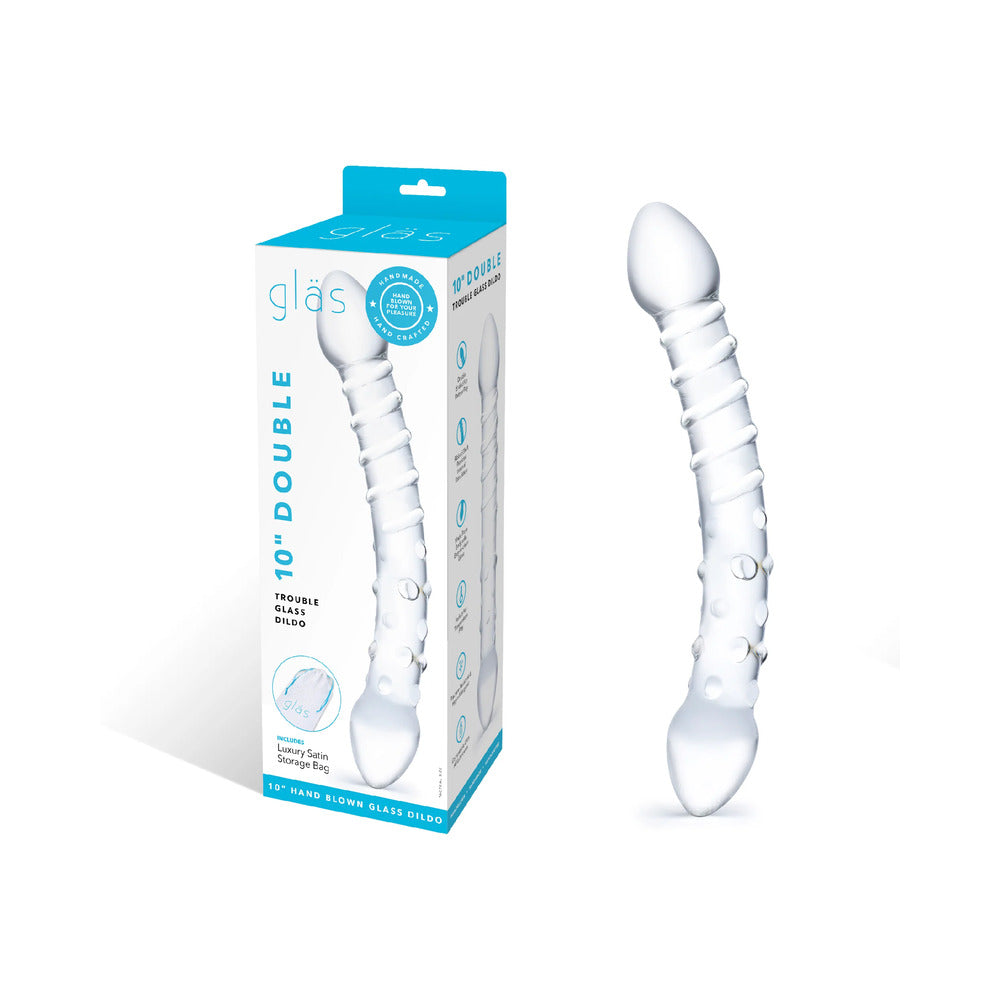 Double Trouble Glass Dildo 10 inches displayed with packaging showcasing its elegant design and double-ended feature.