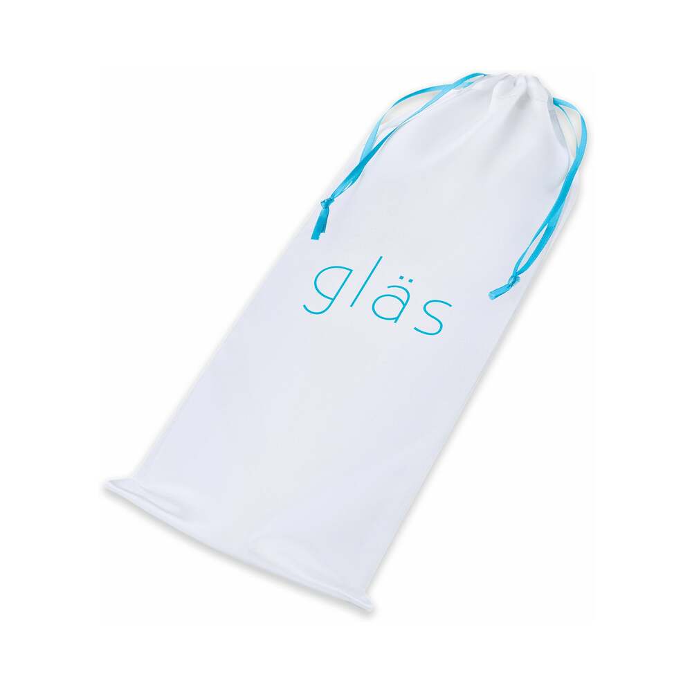 White storage bag with blue drawstrings and gläs logo for Double Trouble Glass Dildo 10 inches.