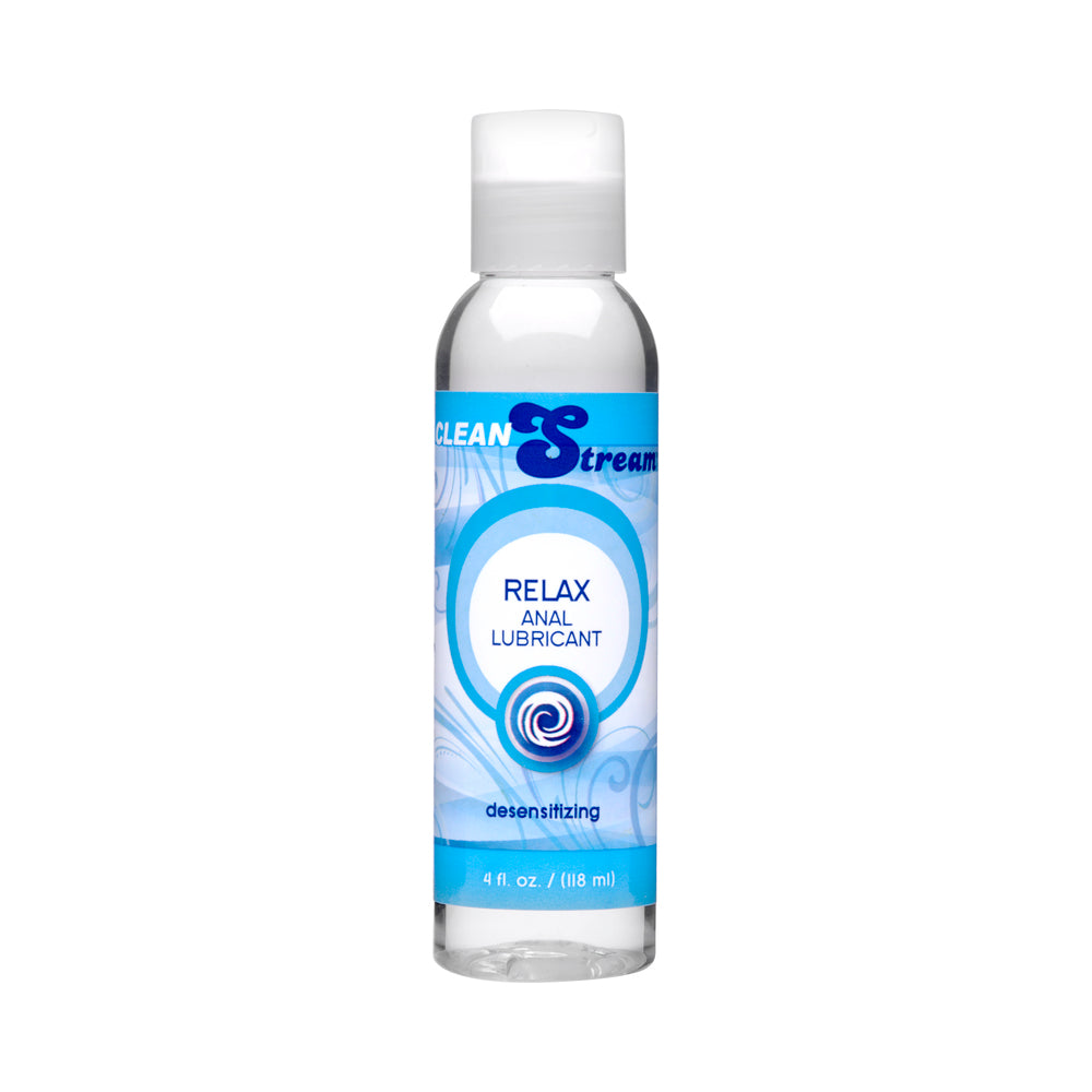 CleanStream Relax Desensitizing Anal Glide 4 Oz personal lubricant bottle with blue swirl design.