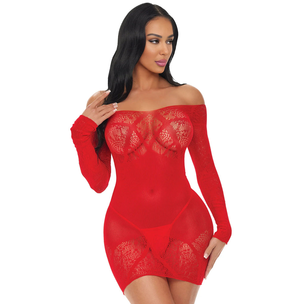 Electric Lingerie Scarlet Seduction Lace and Mesh Dress Red worn by a model with off-the-shoulder sleeves in sheer red.