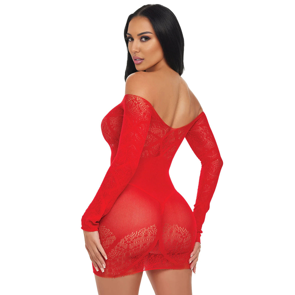 Electric Lingerie Scarlet Seduction Lace and Mesh Dress Red showcasing its off-the-shoulder design and bold red color.