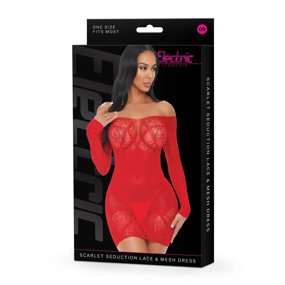 Electric Lingerie Scarlet Seduction Lace and Mesh Dress Red packaging showcasing its bold design and off-the-shoulder style.