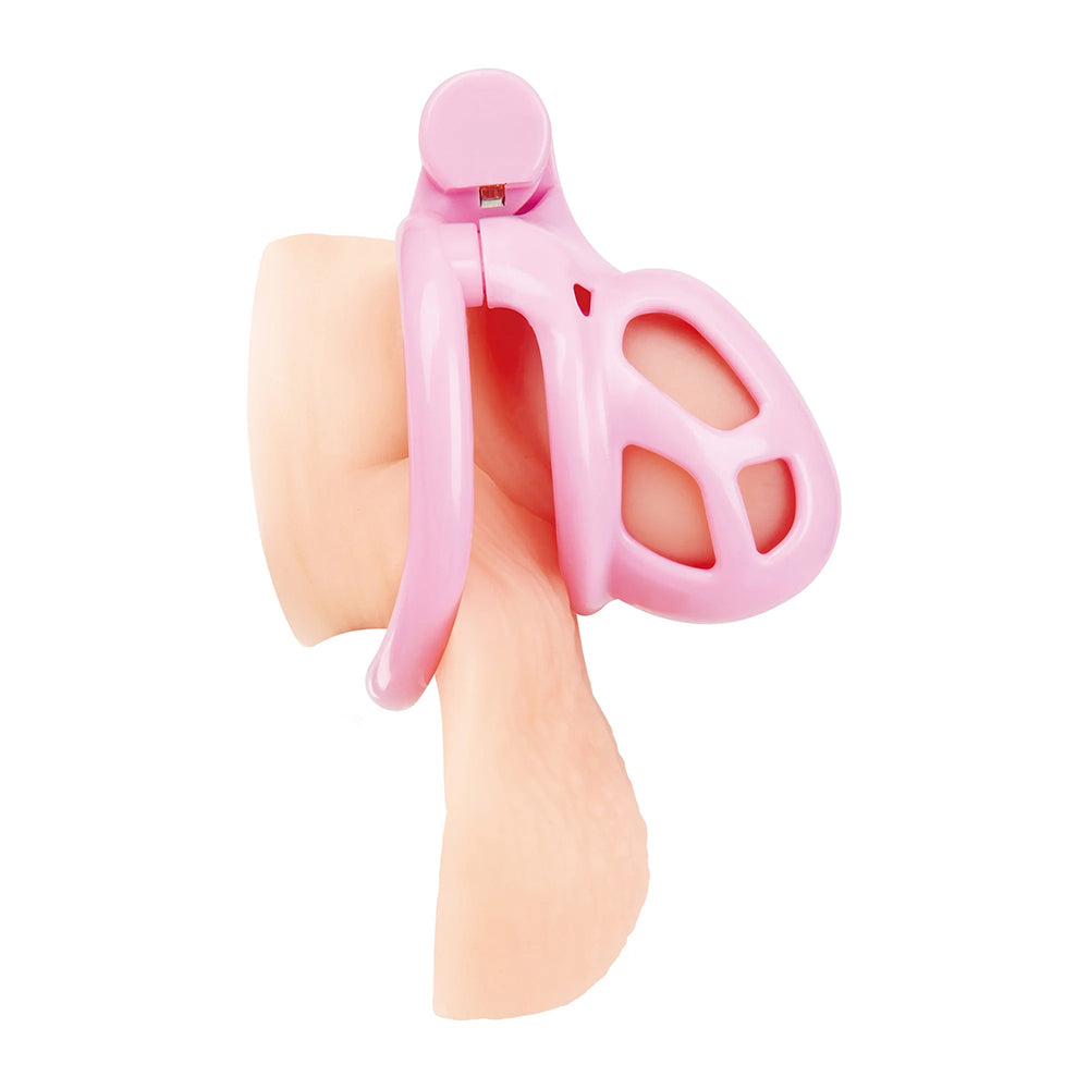 Small Pink Humiliation Acrylic Prisoner Cock Cage displayed in profile view showcasing its design and vibrant color.