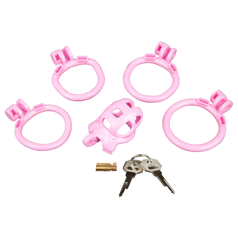 Small Pink Humiliation Acrylic Prisoner Cock Cage accessories including rings and keys.