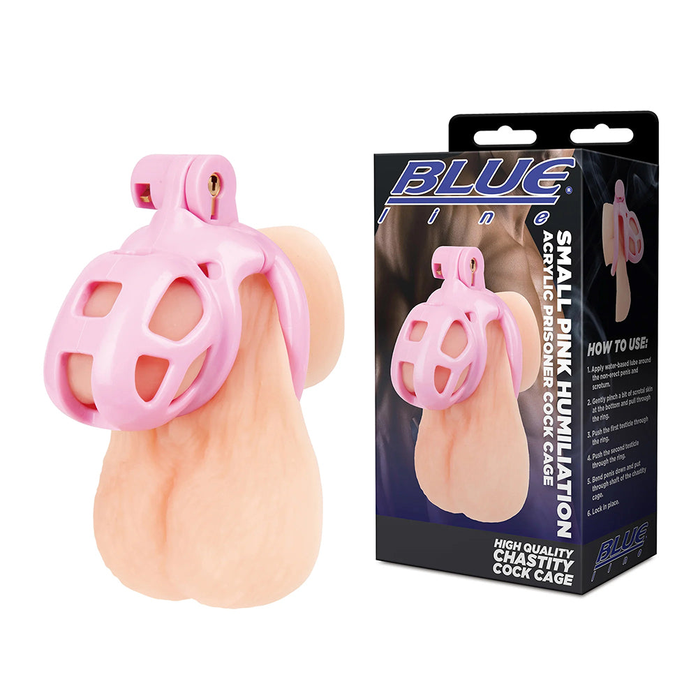 Small Pink Humiliation Acrylic Prisoner Cock Cage displaying its design and packaging.