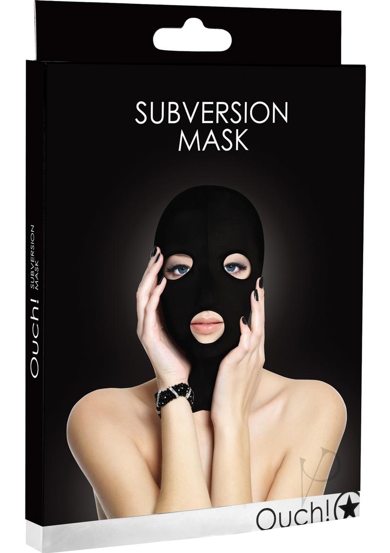 Ouch Subversion 3-Hole Hood Mask Black packaging featuring a model with the mask on, ideal for bondage and role play.