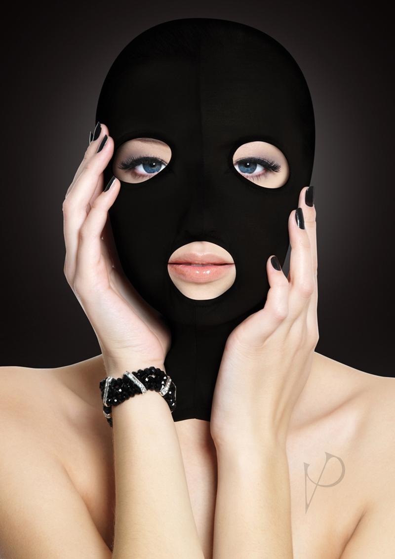 Ouch Subversion 3-Hole Hood Mask Black worn by a model, highlighting the snug fit and eye-mouth openings.