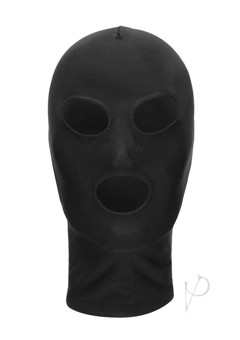 Ouch Subversion 3-Hole Hood Mask Black designed for bondage and role play with eye and mouth openings.