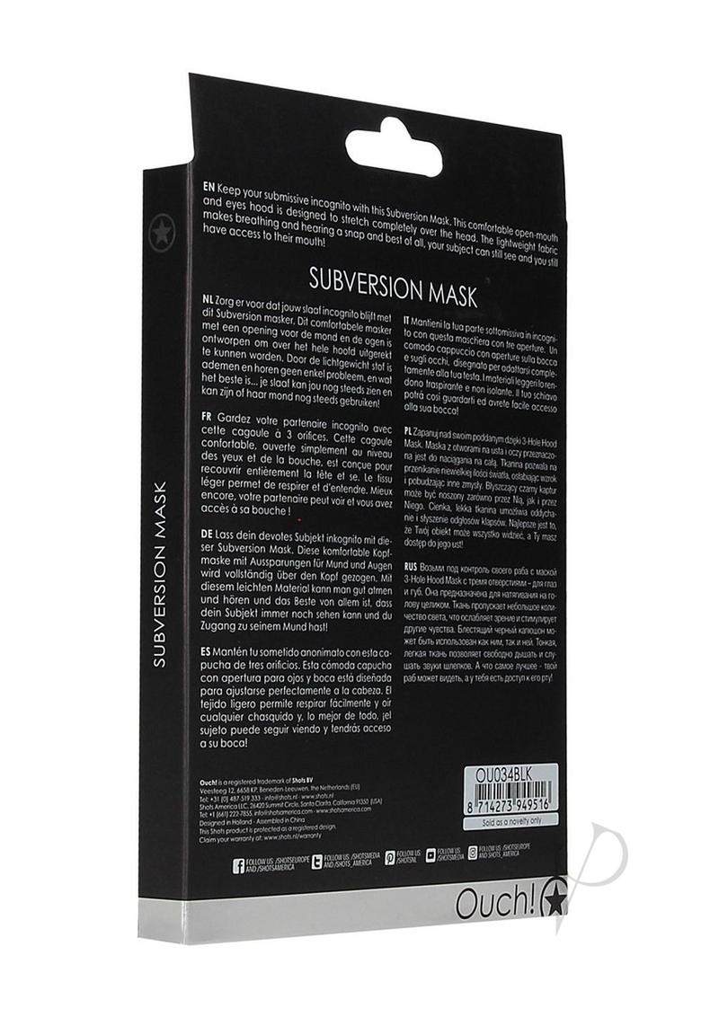 Ouch Subversion 3-Hole Hood Mask Black packaging highlighting features of sensory control and anonymity.