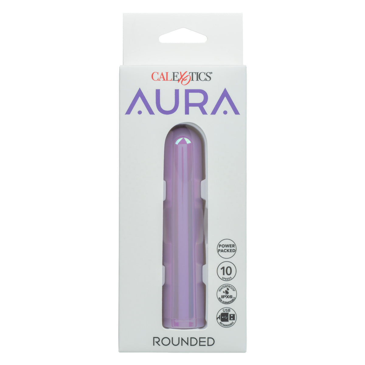 Aura Rounded Silicone Bullet Stimulator Purple packaging showcasing its compact design and 10 speed settings.