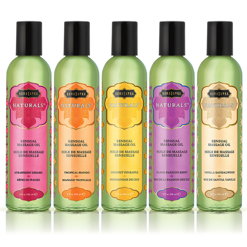 Kama Sutra Massage Oil Indulgence Kit featuring five sensual massage oil fragrances.