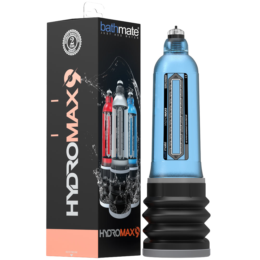 Bathmate Hydromax 9 Penis Pump Aqua Blue displayed with packaging, showcasing advanced hydropump technology.