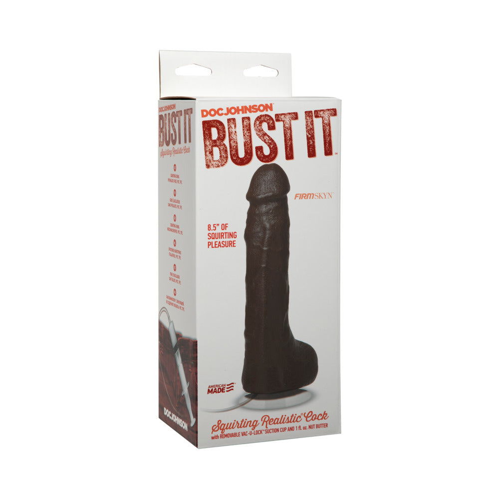 Bust It Squirting Realistic Cock Black 8.5 inches product packaging showcasing lifelike design and features.