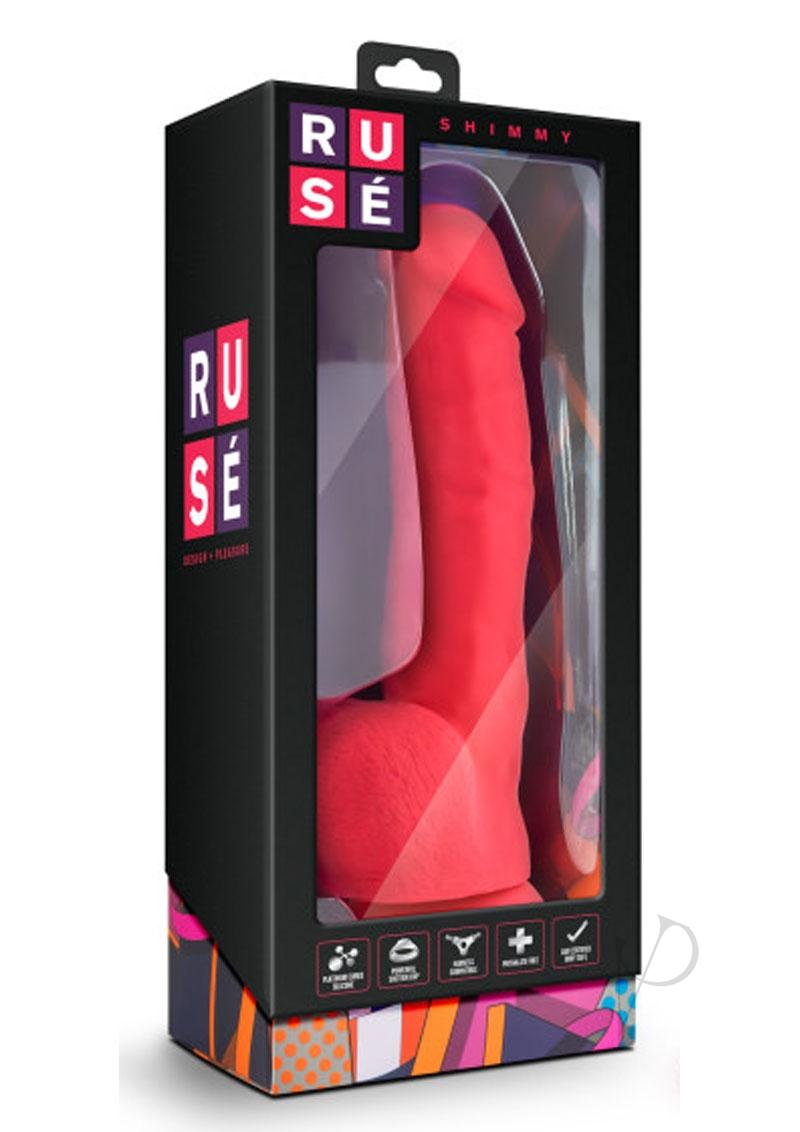 Ruse Shimmy Silicone Dildo with Balls 8.75 Inch Cerise in stylish packaging showcasing its vibrant design.