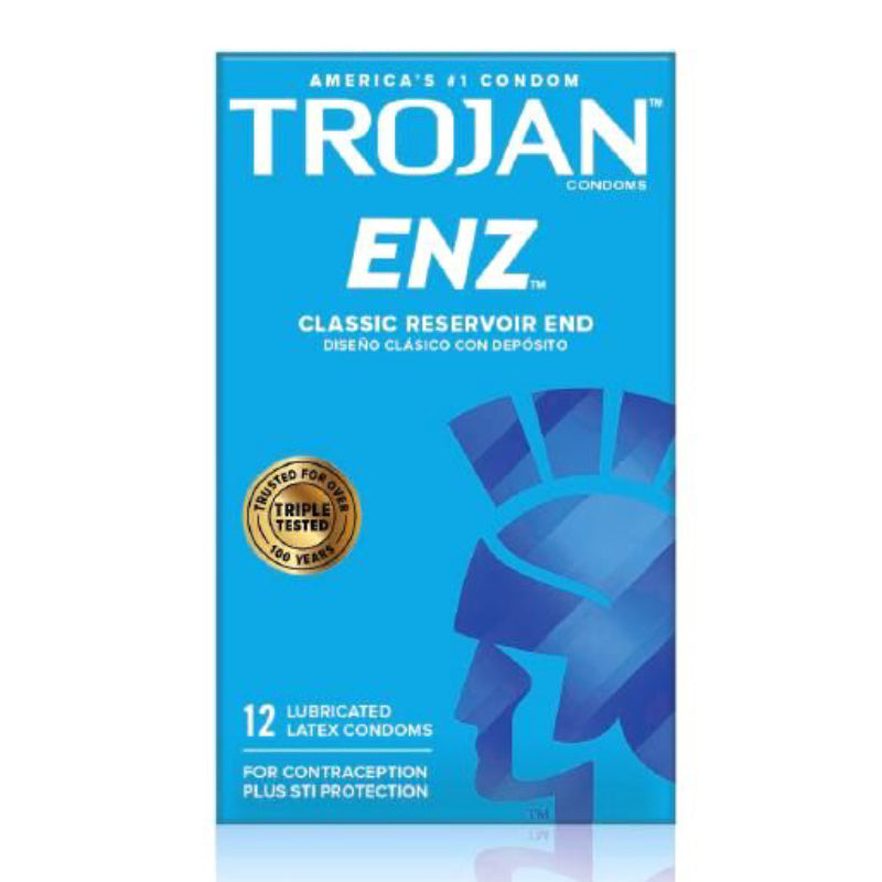 Trojan-Enz Lubricated Condoms 12 Pack, classic reservoir end, triple tested latex condoms for reliable protection.