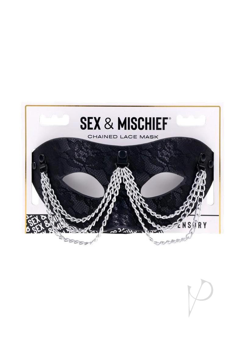 Sex and Mischief Chained Lace Mask Black displayed with dramatic metal chains and elegant lace design.