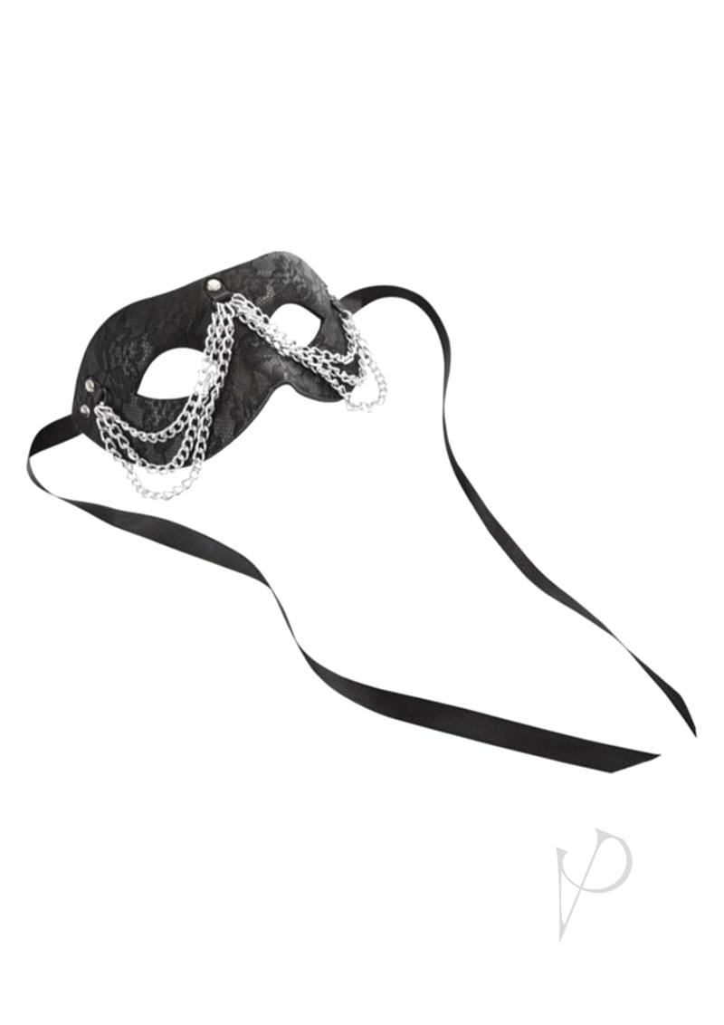 Sex and Mischief Chained Lace Mask Black featuring black lace and silver chains for dramatic fantasy play.
