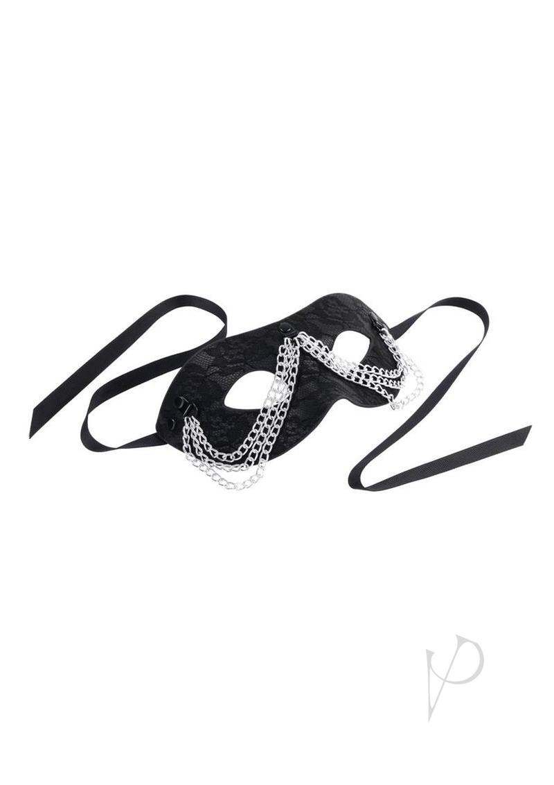 Sex and Mischief Chained Lace Mask Black with black lace and silver chains for dramatic fantasy play.